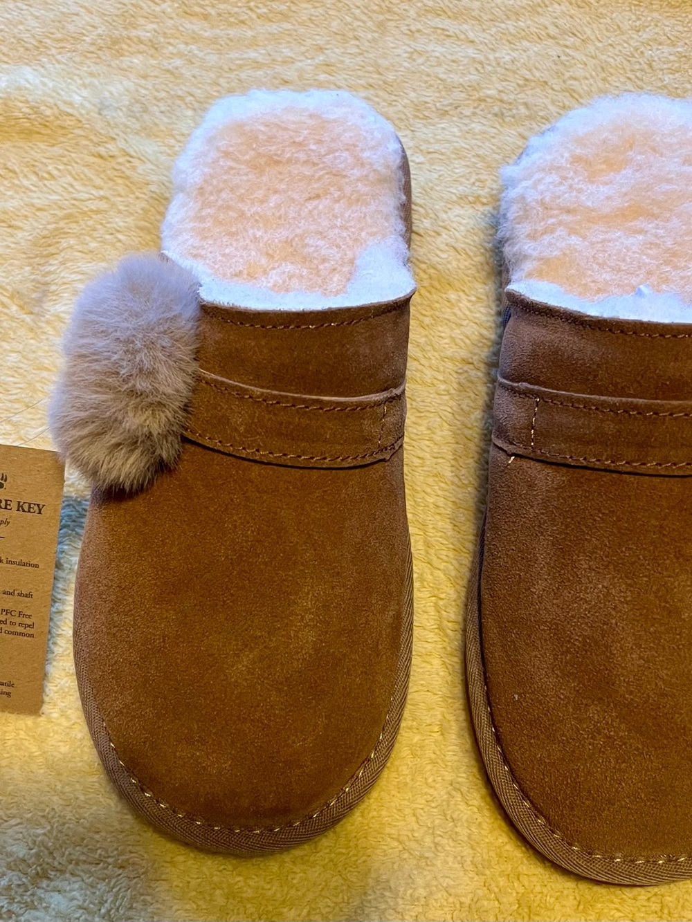 BearPaw Brown Suede Pom-Pom Slippers with Cream Fur Trim